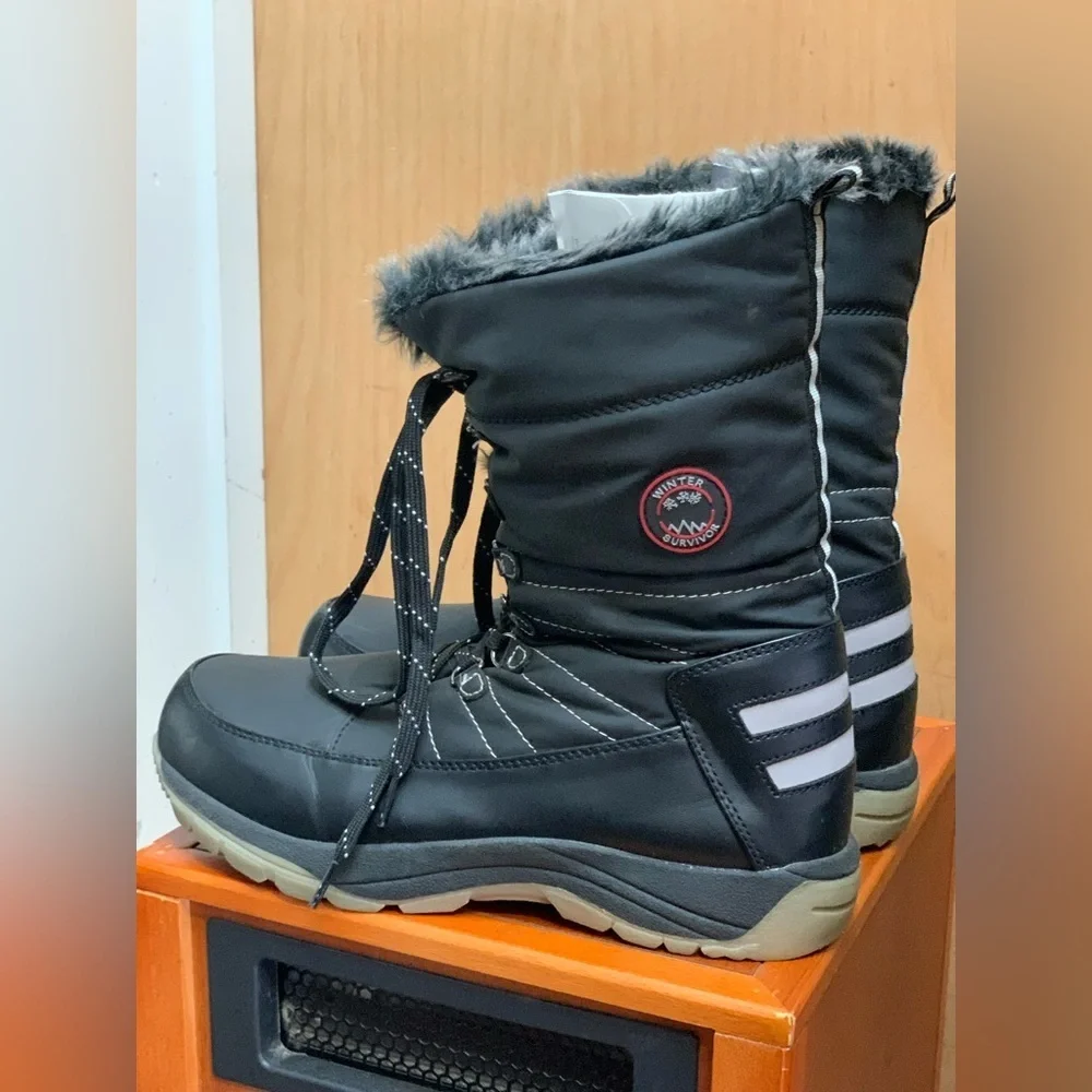 Amazon Black Laced/Side Zip Mid-Calf Winter Boots with Faux Fur Lining. Size-11W